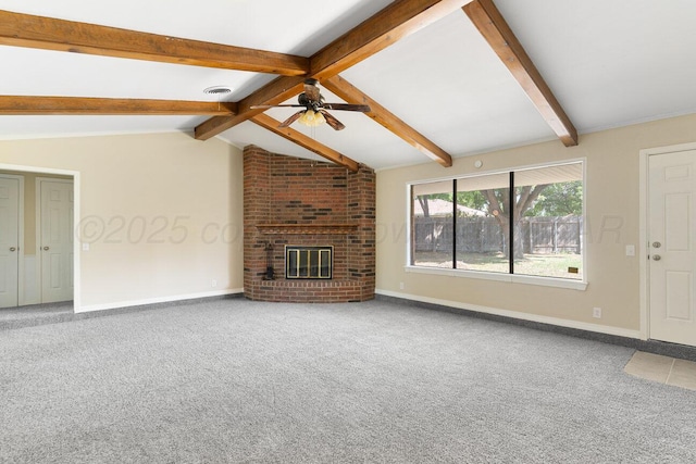 5003 Greenway Pl, Amarillo, TX 79109 - unfurnished living room featuring carpet, a ceiling fan, and a fireplace