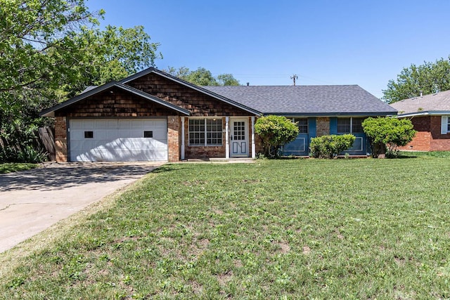 ranch-style home featuring an attached garage, a front yard, concrete driveway, and brick siding