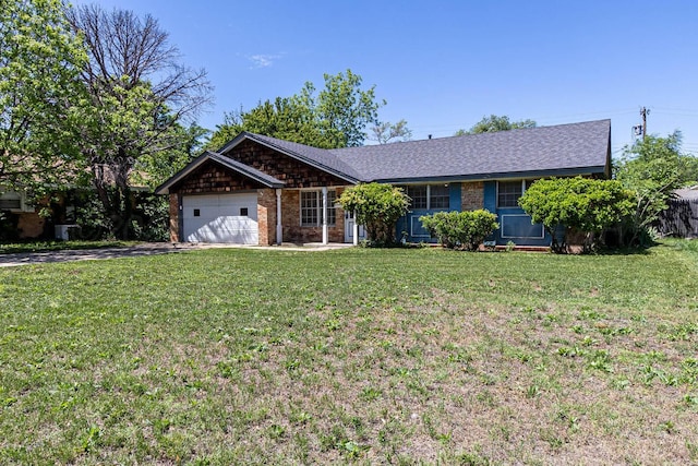 ranch-style home featuring an attached garage, driveway, a front lawn, brick siding, and a shingled roof