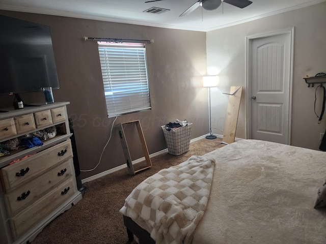 3114 Palm St, Amarillo, TX 79107 - bedroom featuring ornamental molding, dark carpet, and ceiling fan