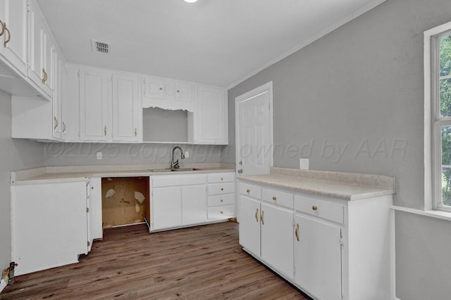 4360 S Polk St, Amarillo, TX 79110 - kitchen featuring dark wood-style floors, white cabinets, light countertops, and crown molding