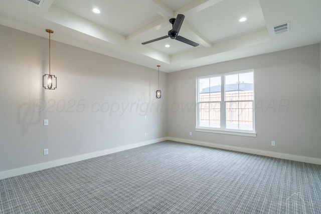 1207 Herring Ranch Rd, Amarillo, TX 79124 - carpeted spare room featuring coffered ceiling, a ceiling fan, beamed ceiling, and recessed lighting