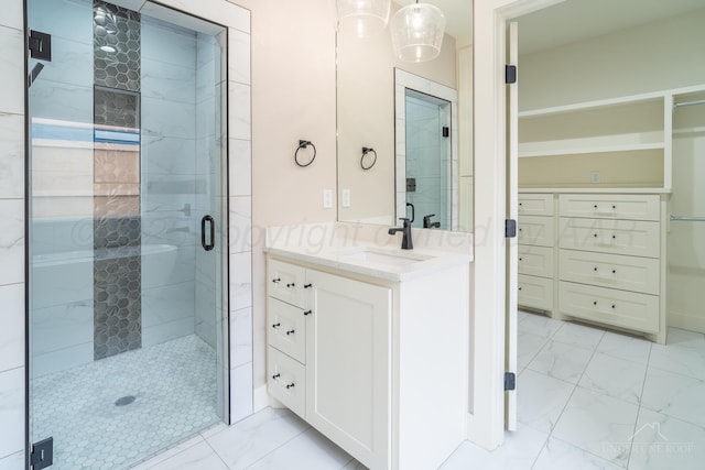 1207 Herring Ranch Rd, Amarillo, TX 79124 - full bathroom with marble look tiles, a shower stall, and vanity