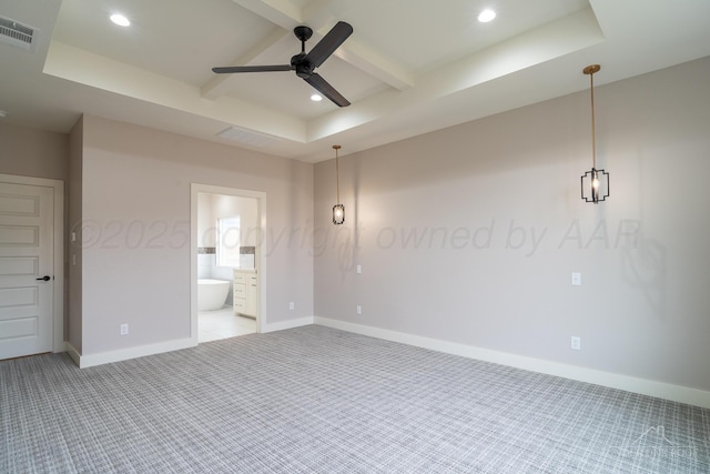 1207 Herring Ranch Rd, Amarillo, TX 79124 - spare room featuring light colored carpet, ceiling fan, recessed lighting, beamed ceiling, and coffered ceiling