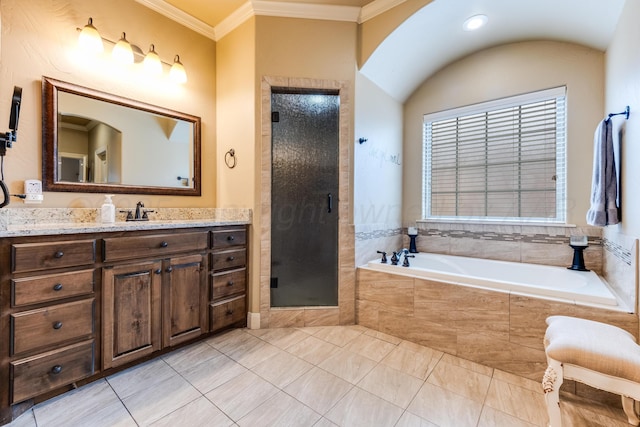 12 William Ln, Canyon, TX 79015 - full bath with vanity, a garden tub, a shower stall, crown molding, and tile patterned floors