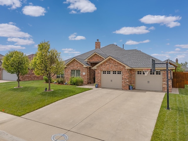 12 William Ln, Canyon, TX 79015 - view of front facade featuring a garage, driveway, brick siding, roof with shingles, and a chimney