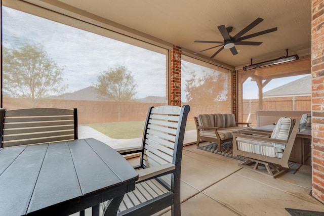 12 William Ln, Canyon, TX 79015 - fenced backyard with ceiling fan, an outdoor hangout area, a patio area, and outdoor dining space