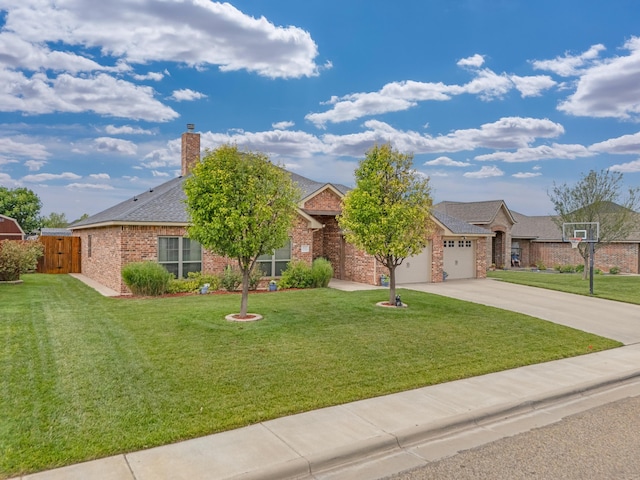 12 William Ln, Canyon, TX 79015 - view of front facade featuring concrete driveway, brick siding, an attached garage, a chimney, and roof with shingles