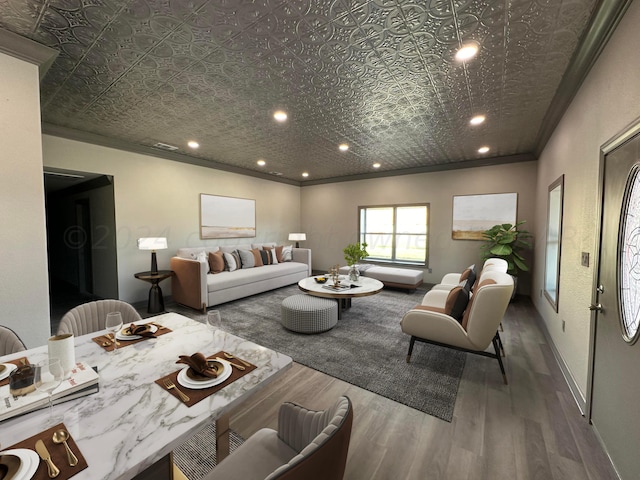 living room with wood-type flooring and ornamental molding