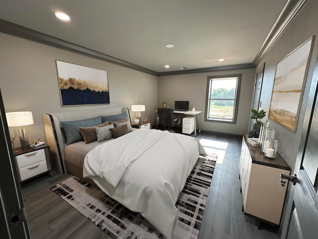 bedroom featuring dark wood-type flooring and crown molding