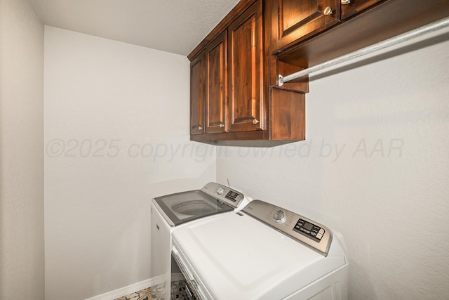 3001 Bismarck Ave, Amarillo, TX 79118 - clothes washing area with cabinet space, washing machine and dryer, and baseboards