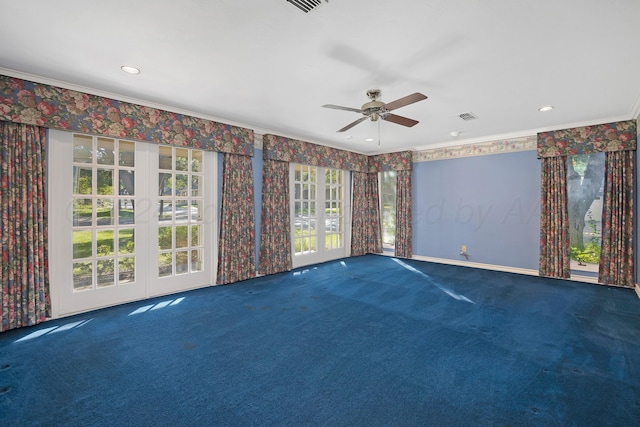 2614 Parker St, Amarillo, TX 79109 - carpeted empty room featuring crown molding, ceiling fan, wallpapered walls, baseboards, and recessed lighting