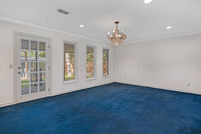 2614 Parker St, Amarillo, TX 79109 - unfurnished room with a chandelier, ornamental molding, dark colored carpet, recessed lighting, and baseboards