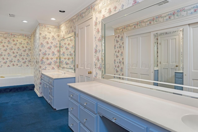 2614 Parker St, Amarillo, TX 79109 - full bathroom with ornamental molding, two vanities, wallpapered walls, a bathtub, and recessed lighting