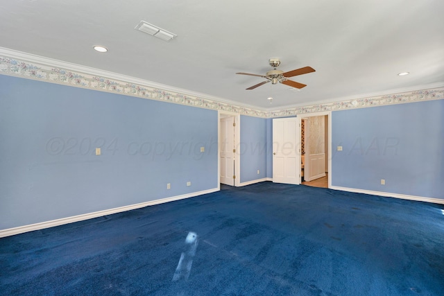 2614 Parker St, Amarillo, TX 79109 - unfurnished bedroom with crown molding, baseboards, a ceiling fan, and dark carpet