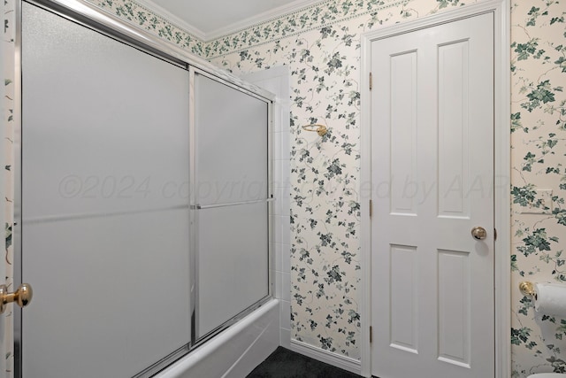 2614 Parker St, Amarillo, TX 79109 - full bathroom with wallpapered walls, crown molding, and bath / shower combo with glass door