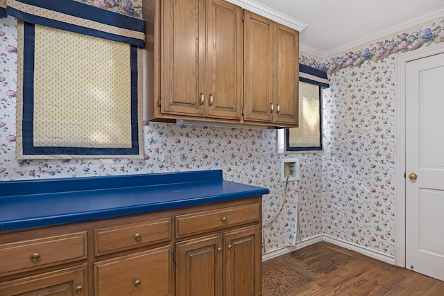 2614 Parker St, Amarillo, TX 79109 - washroom featuring wallpapered walls, washer hookup, cabinet space, dark wood finished floors, and baseboards