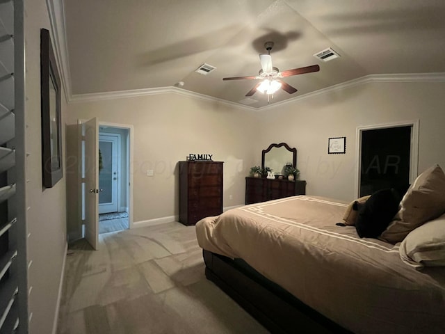 bedroom featuring visible vents, vaulted ceiling, light carpet, baseboards, and ornamental molding