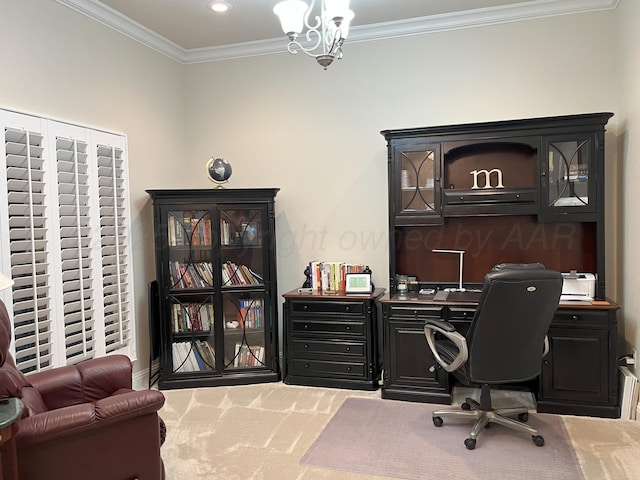 office space featuring carpet, crown molding, recessed lighting, and baseboards