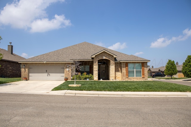 ranch-style home featuring a front lawn, a garage, a shingled roof, driveway, and brick siding