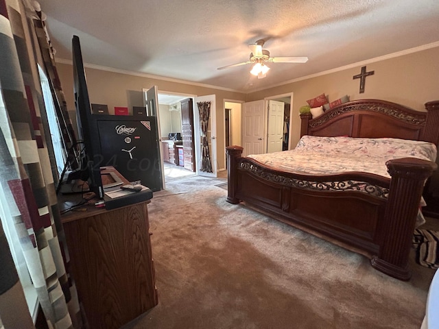 bedroom featuring ceiling fan, a textured ceiling, crown molding, and carpet