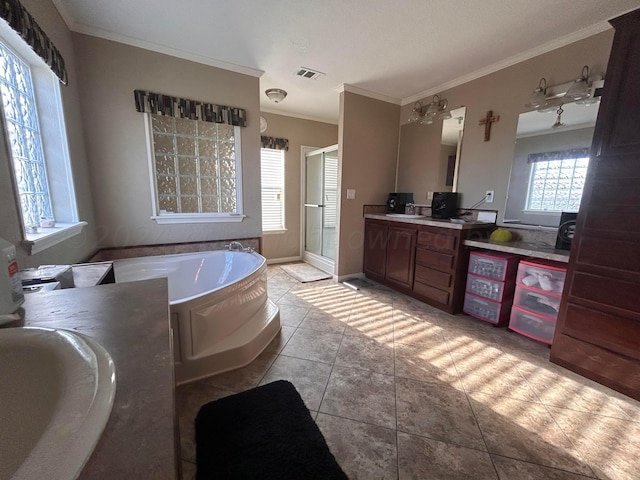 bathroom featuring separate shower and tub, vanity, tile patterned flooring, and crown molding