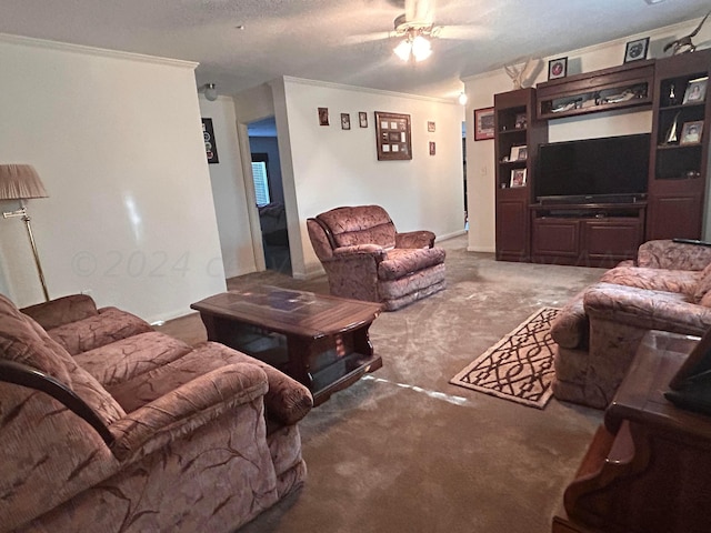 carpeted living room with a textured ceiling, ceiling fan, and crown molding