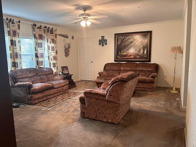 living room with ceiling fan, a textured ceiling, crown molding, and carpet floors