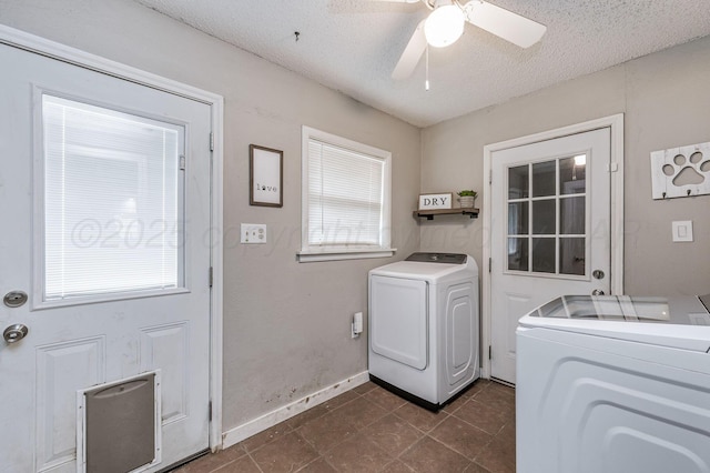 1607 N Mary-Ellen St, Pampa, TX 79065 - laundry area with washer and clothes dryer, a textured ceiling, dark tile patterned floors, a ceiling fan, and baseboards