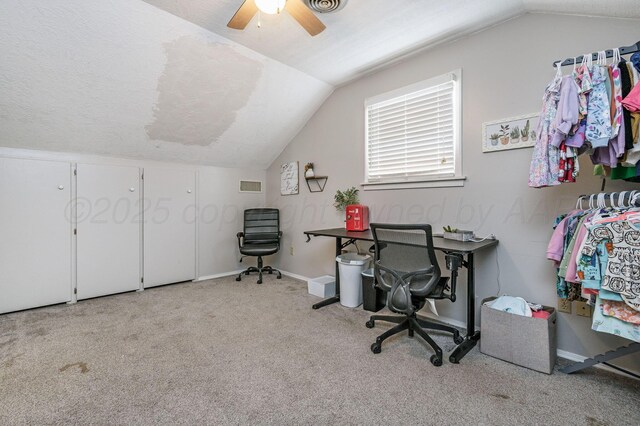 1607 N Mary-Ellen St, Pampa, TX 79065 - home office featuring vaulted ceiling, carpet, a ceiling fan, and baseboards