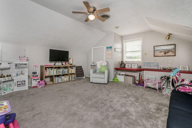 1607 N Mary-Ellen St, Pampa, TX 79065 - rec room with vaulted ceiling, carpet floors, and ceiling fan