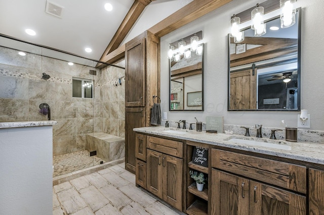 1607 N Mary-Ellen St, Pampa, TX 79065 - full bathroom with double vanity, a walk in shower, and recessed lighting