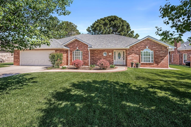 211 Dakota Trl, Tulia, TX 79088 - ranch-style house featuring a front lawn, an attached garage, driveway, brick siding, and roof with shingles