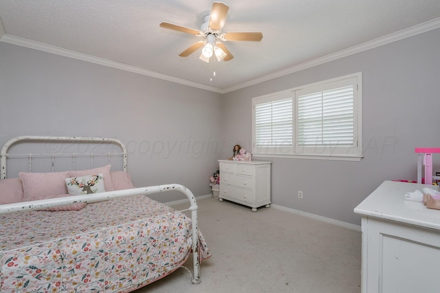 314 Fir St, Hereford, TX 79045 - bedroom with light colored carpet, ornamental molding, baseboards, and ceiling fan