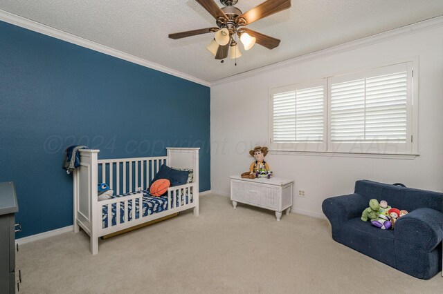 314 Fir St, Hereford, TX 79045 - bedroom featuring carpet, crown molding, baseboards, a textured ceiling, and a ceiling fan