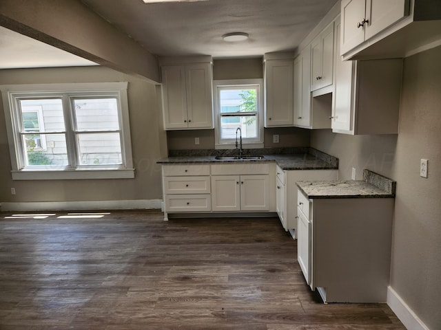 kitchen with a sink, baseboards, dark wood-style floors, and white cabinets