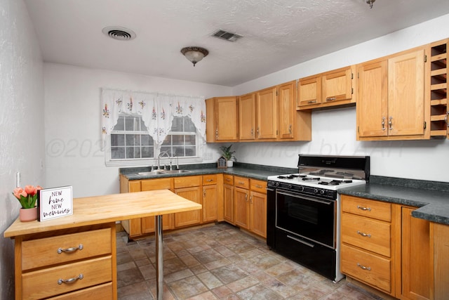 2501 S Bivins St, Amarillo, TX 79103 - kitchen featuring black range with gas stovetop, stone finish flooring, and open shelves