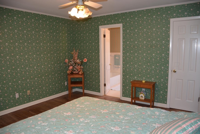 unfurnished bedroom with ornamental molding, wallpapered walls, baseboards, and wood finished floors