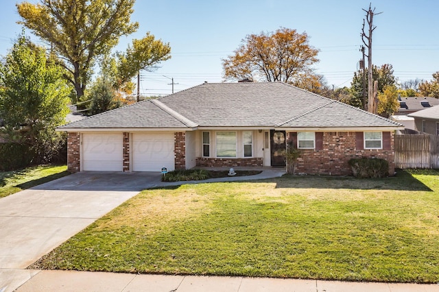 ranch-style home featuring brick siding and a front lawn