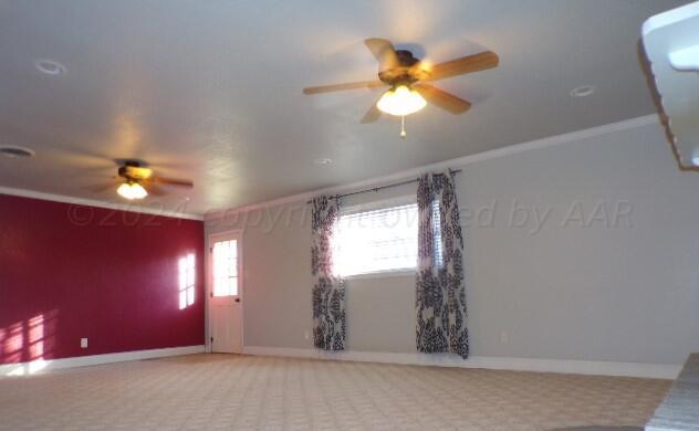 spare room featuring ornamental molding, carpet, and ceiling fan