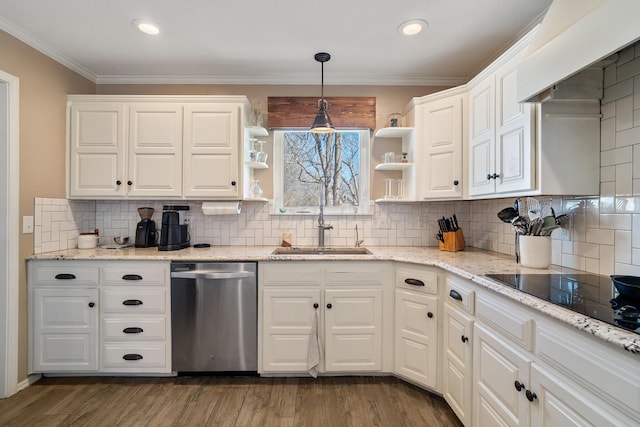 7809 Tarter Ave, Amarillo, TX 79121 - kitchen with stainless steel dishwasher, ornamental molding, open shelves, white cabinets, and decorative backsplash