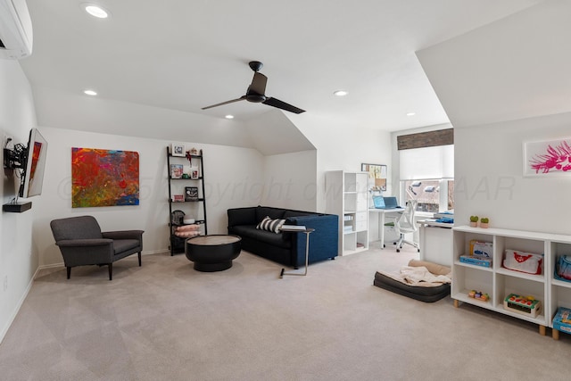 7809 Tarter Ave, Amarillo, TX 79121 - living room featuring a wall mounted AC, carpet, recessed lighting, and ceiling fan