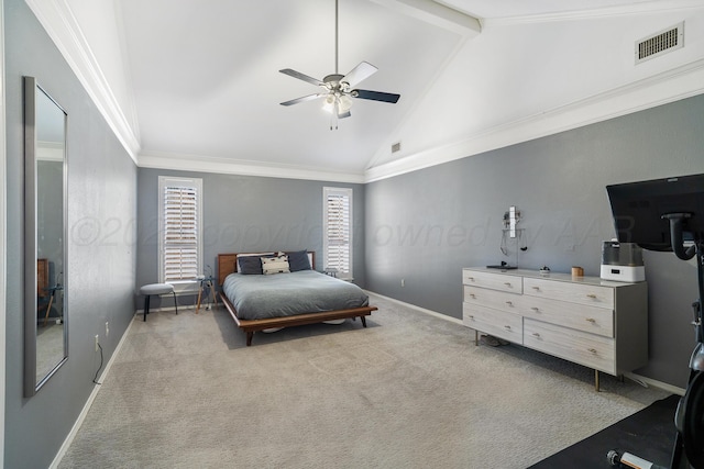 7809 Tarter Ave, Amarillo, TX 79121 - carpeted bedroom featuring beamed ceiling, ceiling fan, high vaulted ceiling, and ornamental molding