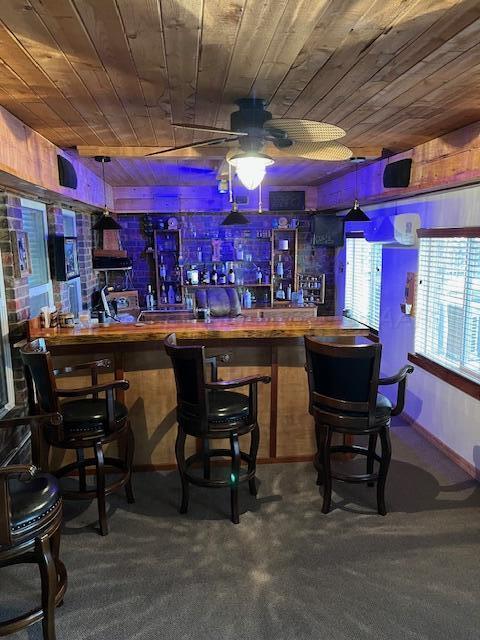 bar with wood ceiling and carpet