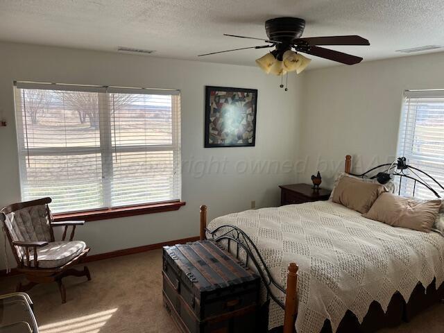 bedroom featuring ceiling fan, carpet floors, and a textured ceiling