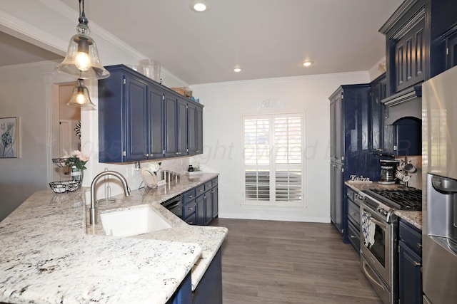 6508 Bayberry Ln, Amarillo, TX 79124 - kitchen featuring a sink, appliances with stainless steel finishes, blue cabinetry, light stone countertops, and a peninsula