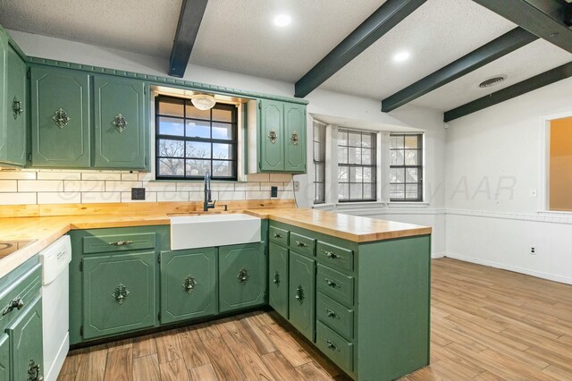 6206 Yale St, Amarillo, TX 79109 - kitchen featuring beamed ceiling, wood counters, a peninsula, decorative backsplash, and light wood-type flooring