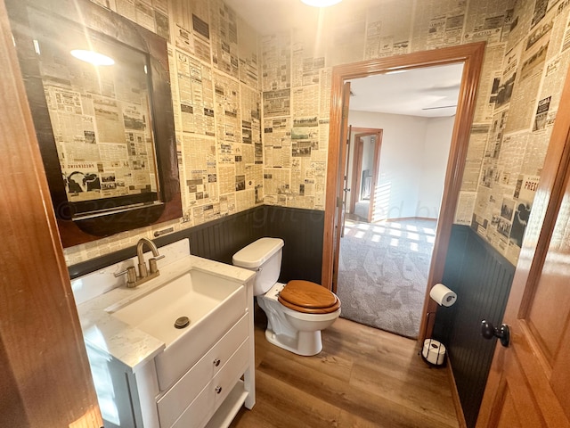 bathroom with toilet, vanity, and wood-type flooring