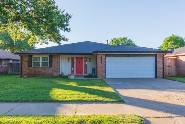 ranch-style home with brick siding, a garage, concrete driveway, and a shingled roof