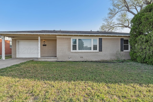 ranch-style house with brick siding, a front lawn, and a garage